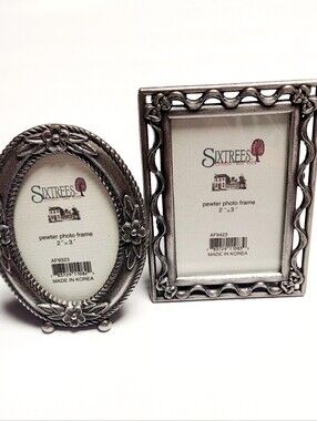 Pair of Mini Sixtrees Pewter 2 x 3 inch Photo Frames Lot Silver-Tone Square Oval